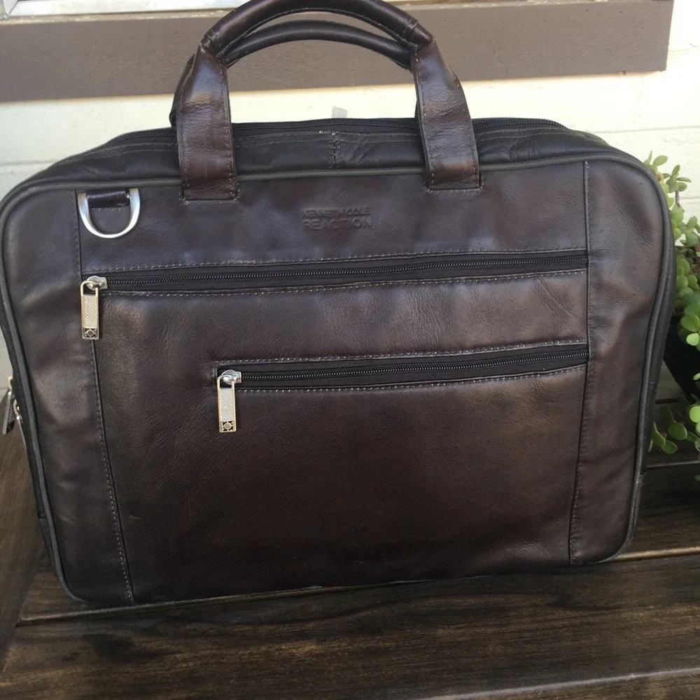 Vintage Kenneth Cole Laptop Bag Briefcase Brown Pebbled Leather 7 Compartments